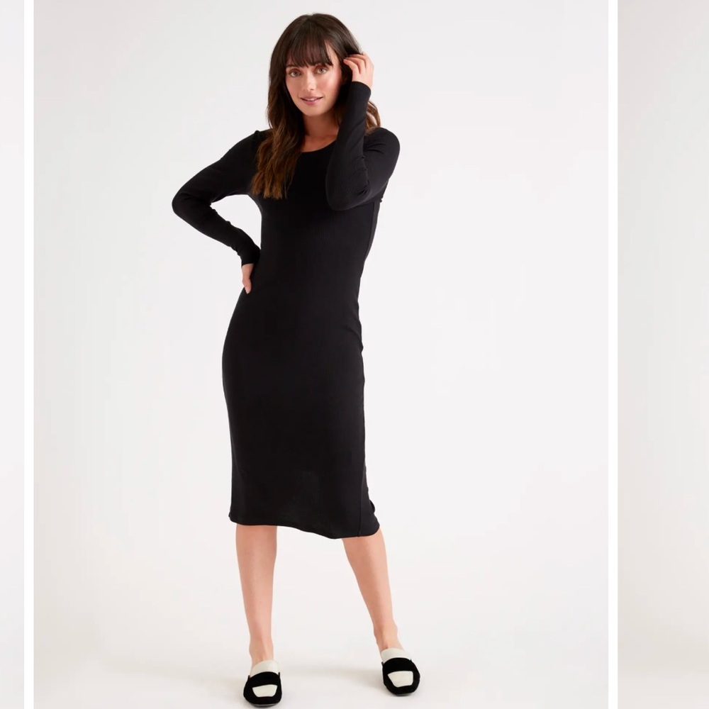 Quince Black Bodycon Midi Dress with Long Cuffed Sleeves